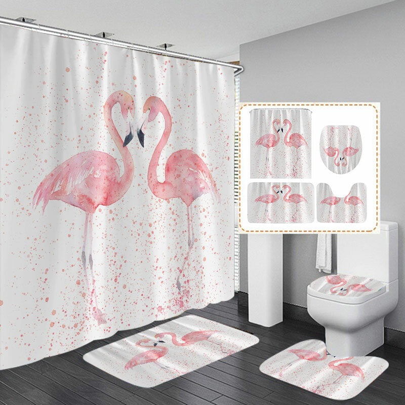 1/3/4Pcs 3D Flamingo Waterproof Shower Curtain Waterproof Toilet Cover Non-slip Mat 3pcs Toilet Bathroom Decor