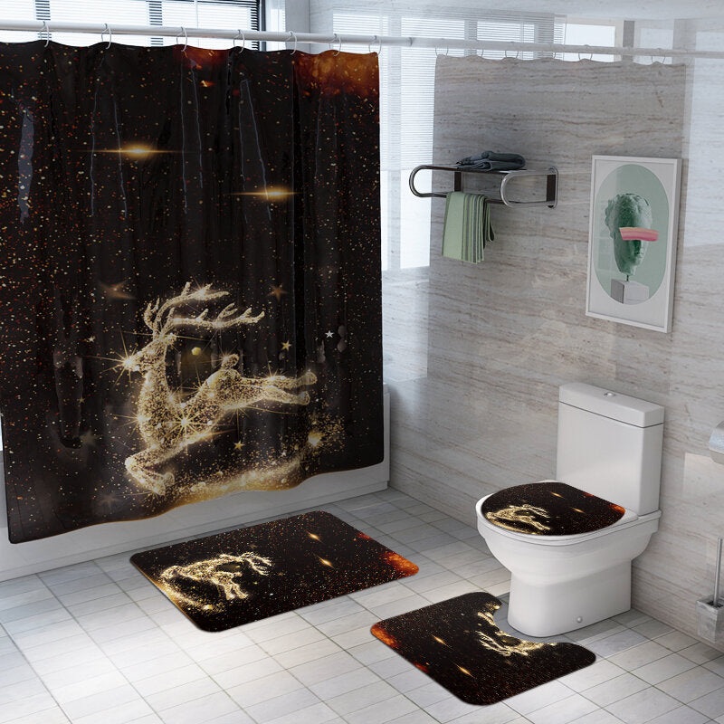 Christmas Elk Waterproof Shower Curtain Set Anti-slip Non-toxic Toilet Rug Mat Toilet Lid Cover Christmas Decoration Set