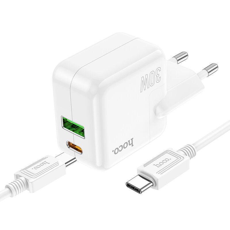 HOCO C111A Dual Port PD 30W QC3.0 Type-C + USB Fast Charging Wall Charger Adapter EU Plug With 1m Long Type-C to Type-C Cable For Samsung Galaxy S22 S22 Ultra Galaxy Z Flip 4 For Xiaomi Mi 12T Redmi Note 12 Huawei P50