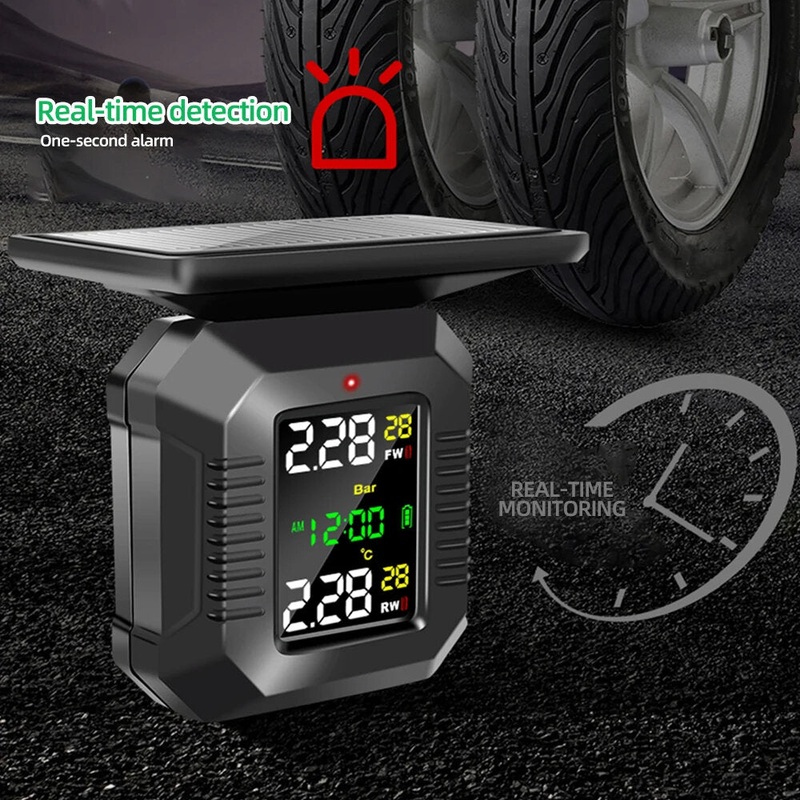 RedrRover Solar Power Motorcycle TPMS Color LCD Display Motorcycles Tire Pressure Monitoring System USB Power Security Alarm Monitor IPX67 Waterproof