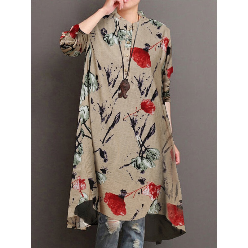 Floral Print Button-Front Midi Shirt Dress with High-Low Hem and Long Sleeves – Women Button Front High Low Sleeve