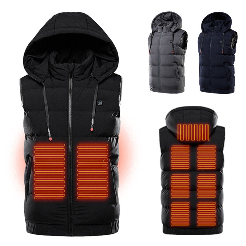 TENGOO Heating Jackets With Hat 9 Areas  Unisex 3-Gears Heated Vest Coat USB Electric Thermal Clothing Hooded Vest Winter Outdoor Warm Clothing Black