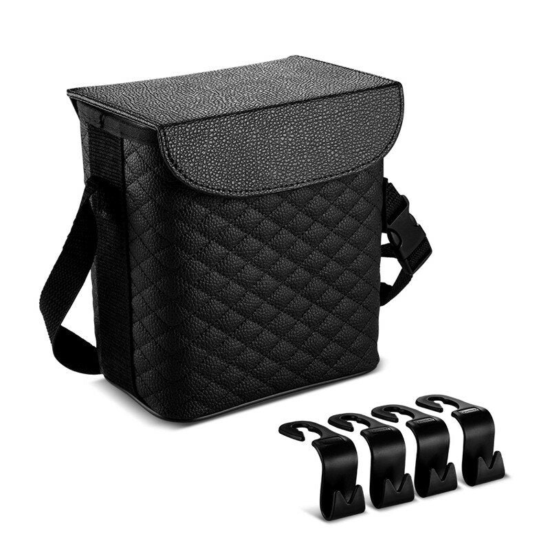 Car Trash Can Refined Leather Car Garbage Can Multifunction Waterproof Removable Car Waste Basket with Lid With 4 Car Hooks