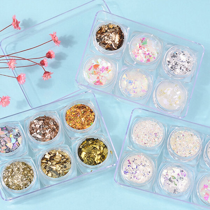 6Pcs 3D Glass Glitter Nail Sequins Set Aurora Shimmer Nail Decoration Nail DIY Art Decoration