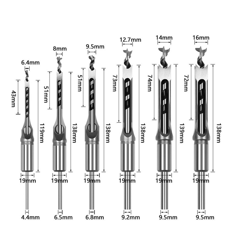 6PCS Woodworking Square Hole Drill Bit Sharp Mortising Chisel Set 6.4/8/9.5/12.7/14/16mm Drill Bit