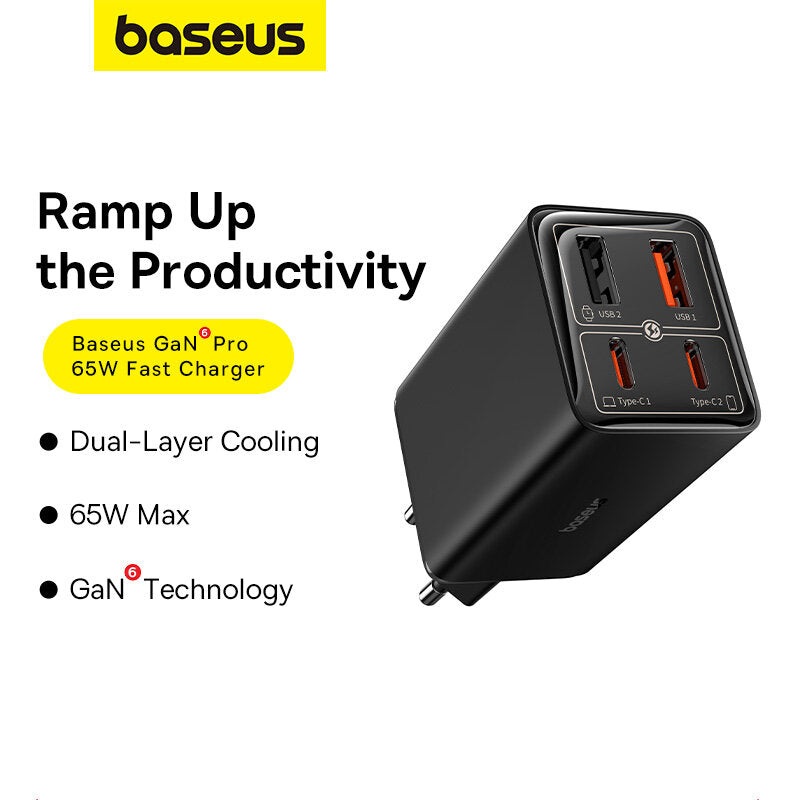 [GaN Tech] Baseus GaN6 Pro 65W 4-Port USB Charger 2USB-A+2USB-C Fast Charging Wall Charger Adapter EU Plug with 100W Type-C to Type-C 1M Cable