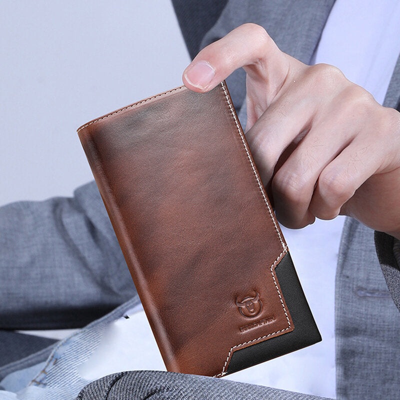 BULLCAPTAIN Genuine Leather Men’s Long Handbag RFID Function Credit Card Holder Card Bag Leather Currency Multifunctional Wallet
