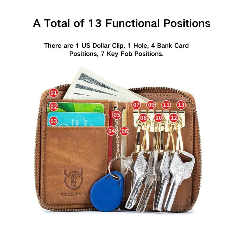 BULLCAPTAIN Genuine Leather Mens Waist-Mounted Wallet Card & Id Holders Multi-function Key Chain Holders Mini Key Bag Coin Purse Wallet Two-In-One with Gift Box
