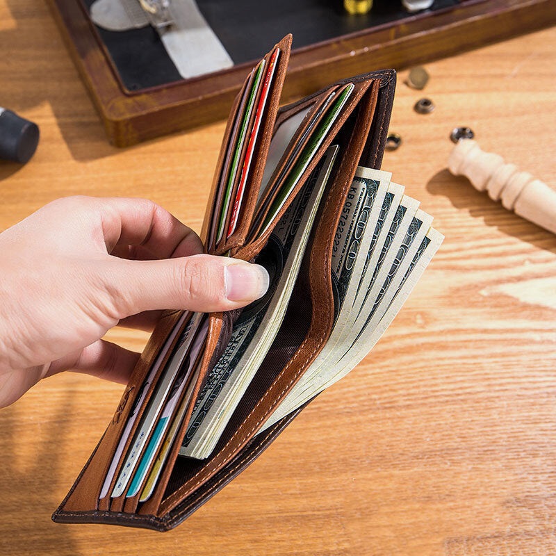 BULLCAPTAIN Men’s Genuine Leather Short Wallet Blocking Bull Head Pattern Wallet Multiple Card Slots Purse Large Capacity Card Holder Gift