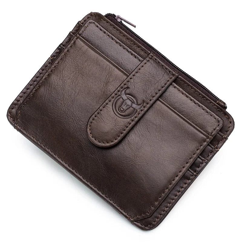 BULLCAPTAIN Mens Genuine Leather RFID Blocking Zipper Card Holder Credit Cart Wallet Mini Slim Wallet Card & Id Holders Man Business