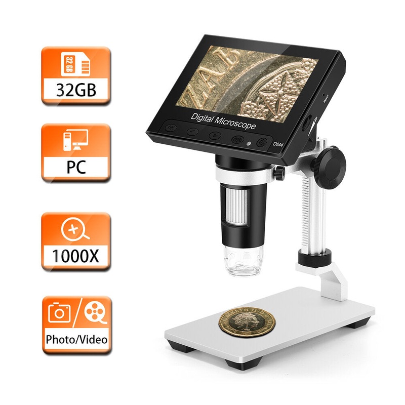 DM4 1000X Digital Microscope 4.3 HD LCD with 32GB Card Metal Bracket Magnifying Loupe Camera Lens 2MP Adjustable LED Microscope