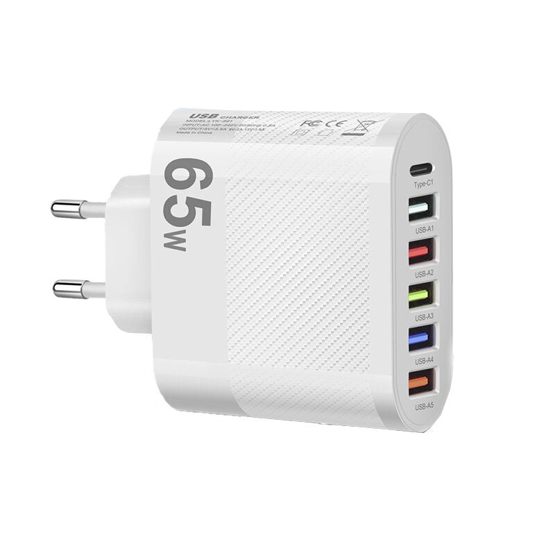 LYK-881 65W 6-Port  USB Charger 5USB-A+Type-C ast Charging Wall Charger Adapter EU Plug US Plug for iPhone 12 13 14 14 Pro for Samsung Galaxy S23 for Xiaomi13pro for Oppo Reno9