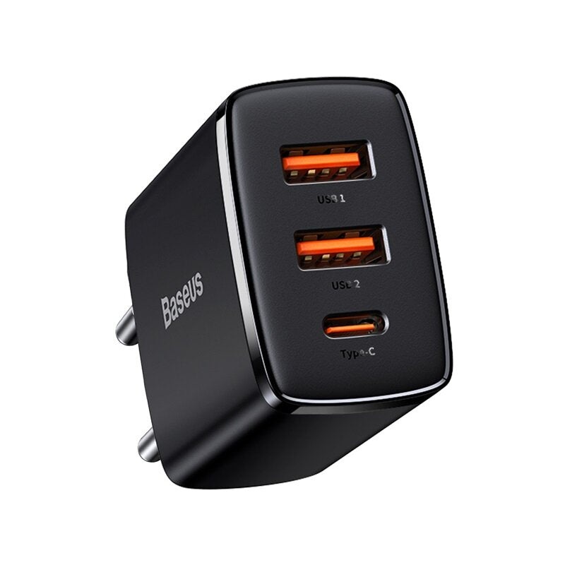Baseus 30W 3-Port USB PD Charger 2USB-A+USB-C PD3.0 QC3.0 Apple2.4A BC1.2 Fast Charging Wall Charger Adapter EU Plug for iPhone 15 14 13 for Huawei Mate60 Pro for Samsung Galaxy S24 for Xiaomi 14pro