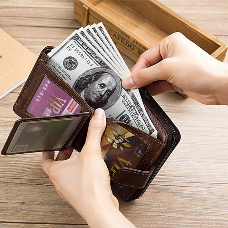 BULLCAPTAIN Genuine Leather Men Zipper Wallets Vintage Short Multi-card Storage Male Card Holder Clip RFID Blocking Wallet Men’s Coin Purse