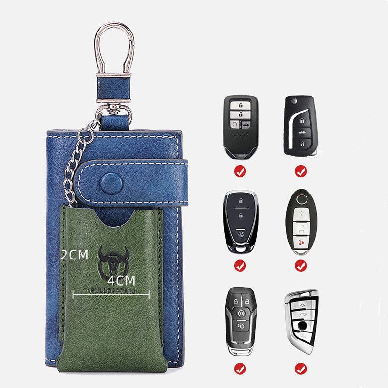 BULLCAPTAIN Genuine Leather Mens Keycase Portable Housekeeper Stand Car Keychain Storage Keycase Fashion Color Block Men’s Key Bag