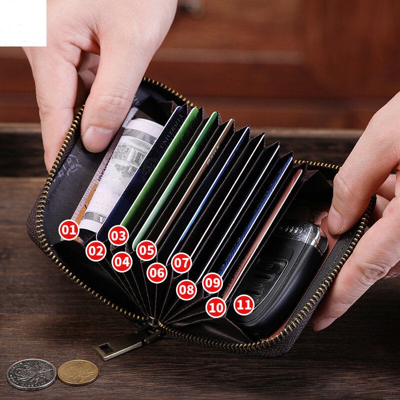 BULLCAPTAIN Men’s Genuine Leather Wallet 11 Card Slots Credit Card Holder Mens Casual Business Coin Purse Bag Multifunctional RFID Anti-theft Card Bag