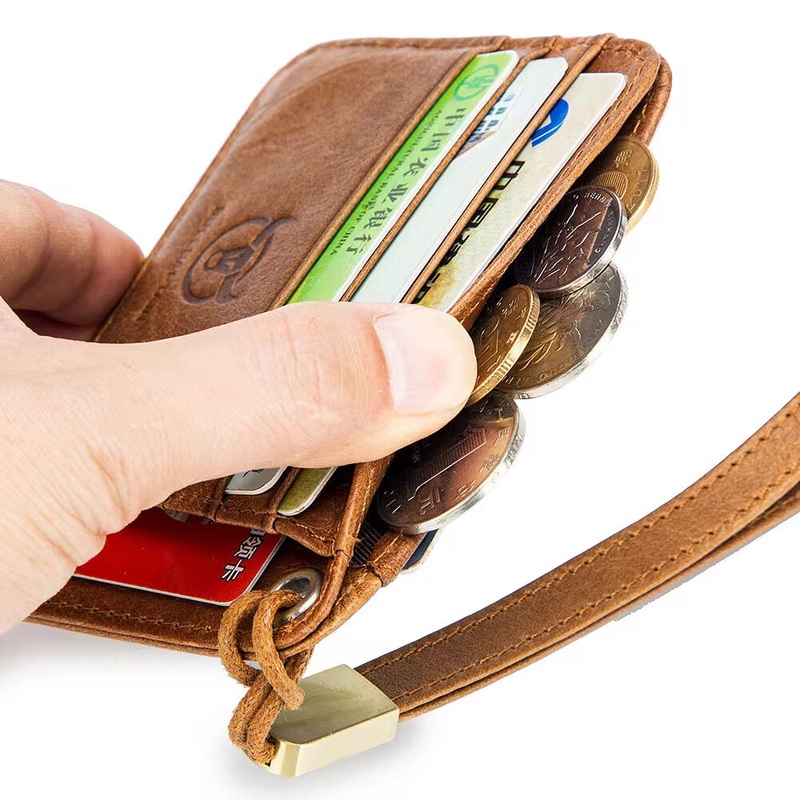 BULLCAPTAIN Men’s Genuine Leather Wallet Business Credit Card Holder Mini RFID Protection Card Bag Thin Coin Purse with Rope