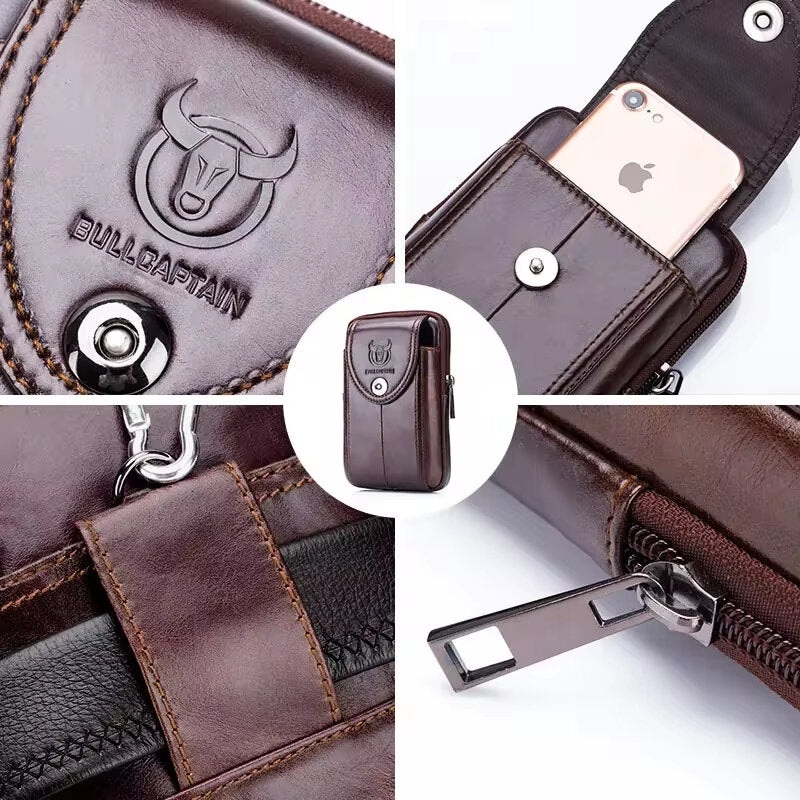 BULLCAPTAIN Mens Genuine Leather Belt Waist Bag Male Business Bag Travel Small Fanny Pack Phone Leather Bag for Men