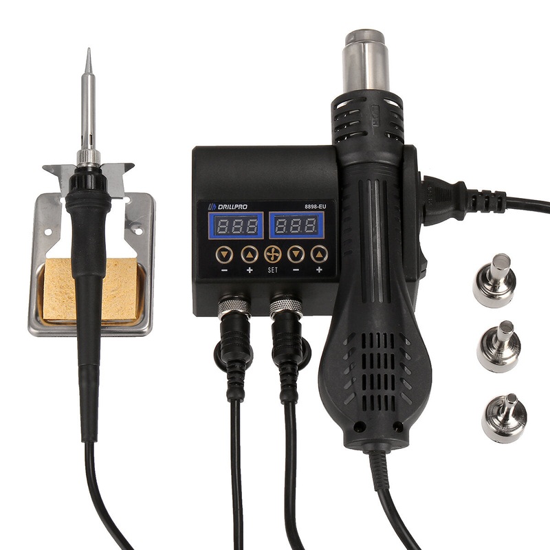 Drillpro 2 in 1 750W 220V/110V Soldering Station Hot Air Gun Heater LCD Digital Display Soldering Iron Welding Rework Station for Cell-phone BGA SMD PCB IC Repair