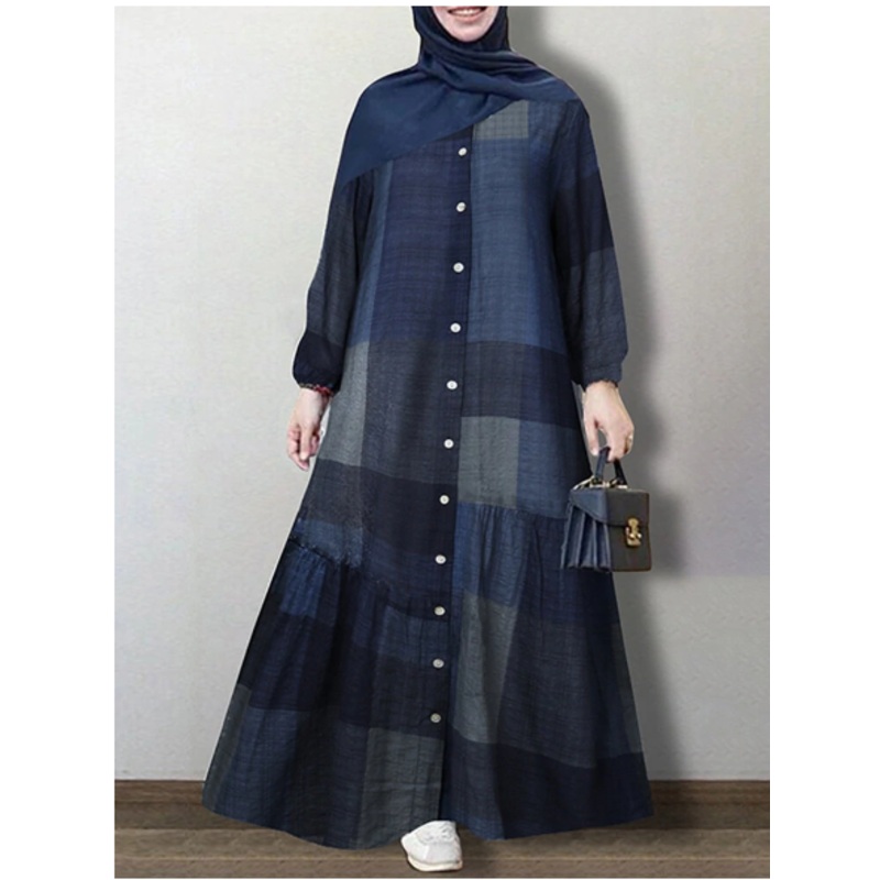 Women Grid Printed Button Down Front Elastic Cuff Bohemian O-Neck Maxi Shirt Dress