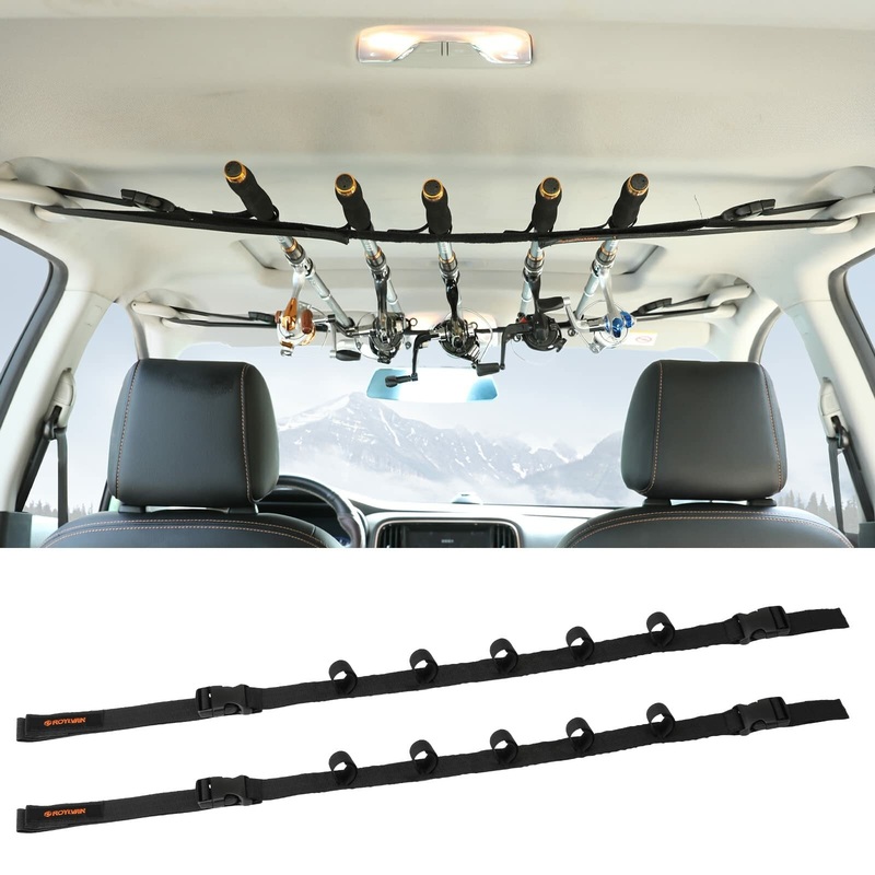 2x Vehicle Fishing Rod Rack Holder Straps Adjustable 30 to 54 Roof Fishing Pole Storage Carrier Belt 5 Rods for SUV Truck Van