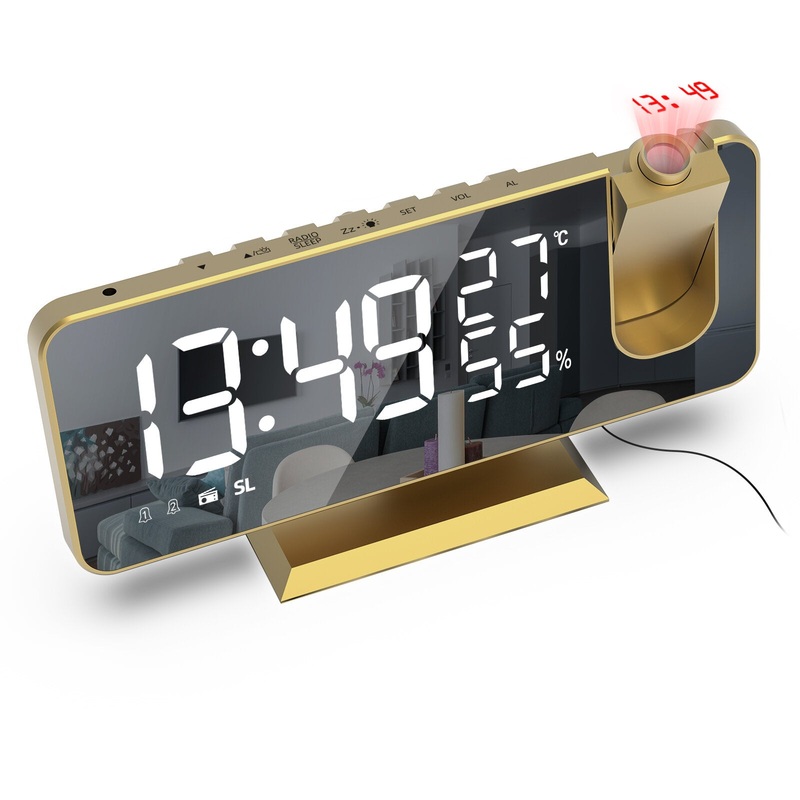 AGSIVO 7.4 LED Digital Projection Alarm Clock With FM Radio / Rotating Projector / Mirror Surface / Temperature Display / Humidity Display / Snooze / External USB Charger