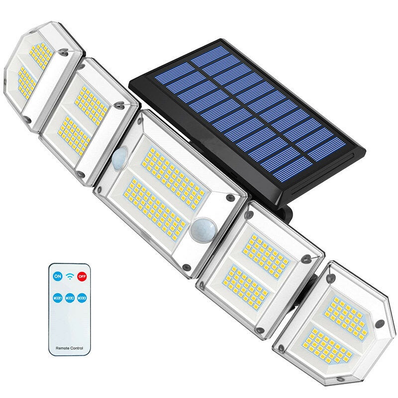 Solar Motion Sensor Lights Outdoor  Security Lights with Remote Control 5 Rotatable Heads 300 LED 7500K IP65 Waterproof Flood Lights for Garage Yard Garden