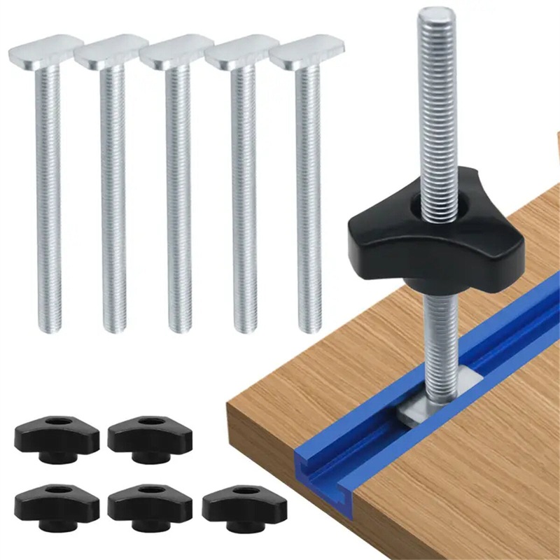 5 Pack T Bolt Knob Kit Miter Track Sliding Nut Woodworking Tool Jigs Screw Fixture For Workbench T-Slot Suitable Use With 1/4 And Universal T-Track