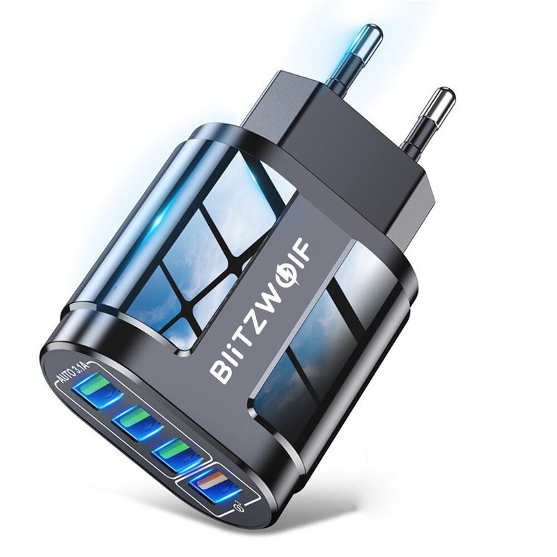 BlitzWolf BK-385 48W 4 USB Ports QC 3.0 Fast Charger Wall Travel Charging EU Plug Adapter For iPhone 14 14 Plus 14 Pro Max for iPad Pro For Samsung Galaxy S22 Ultra Galaxy Z Flip 4 For Xiaomi Mi 12T Redmi Note 12