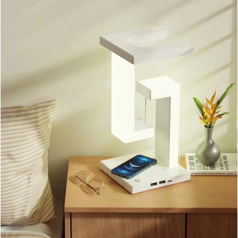 LED Suspended Anti-gravity Night Light with 10W Wireless Charger Desk Lamp Dimmable for Bedroom Bedside Desktop Decoration Gifts