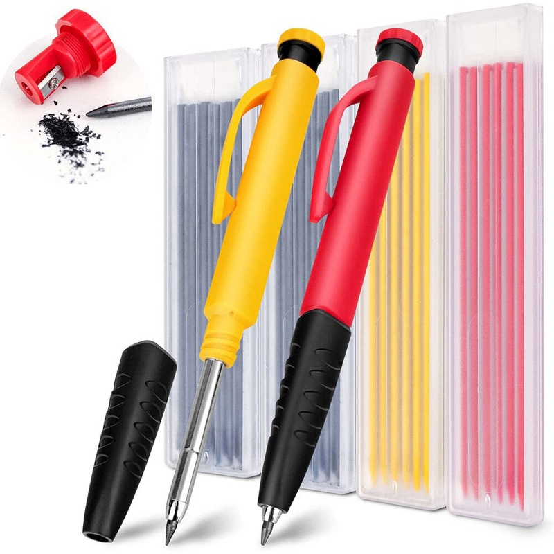 Metal Cased Woodworking Scriber Set with 24 Multi-Color 3.0mm Leads Erasable Deep Hole Pencil Markers for Deep Holes and Designs