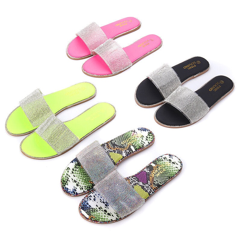 Womens Rhinestone Bling Slippers Summer Beach Flip Flops Flat Walking Hiking Camping Home Anti-slip Comfortable Slippers Loafers Shoes