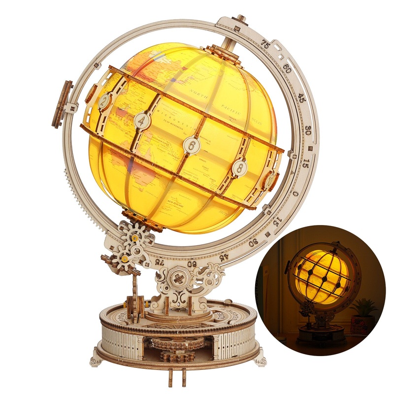 AGSIVO 3D Wooden Puzzle Illuminated World Globe with Stand Built-in LED Model Kit Hobby Gifts for Adults / Teens / Home Decoration