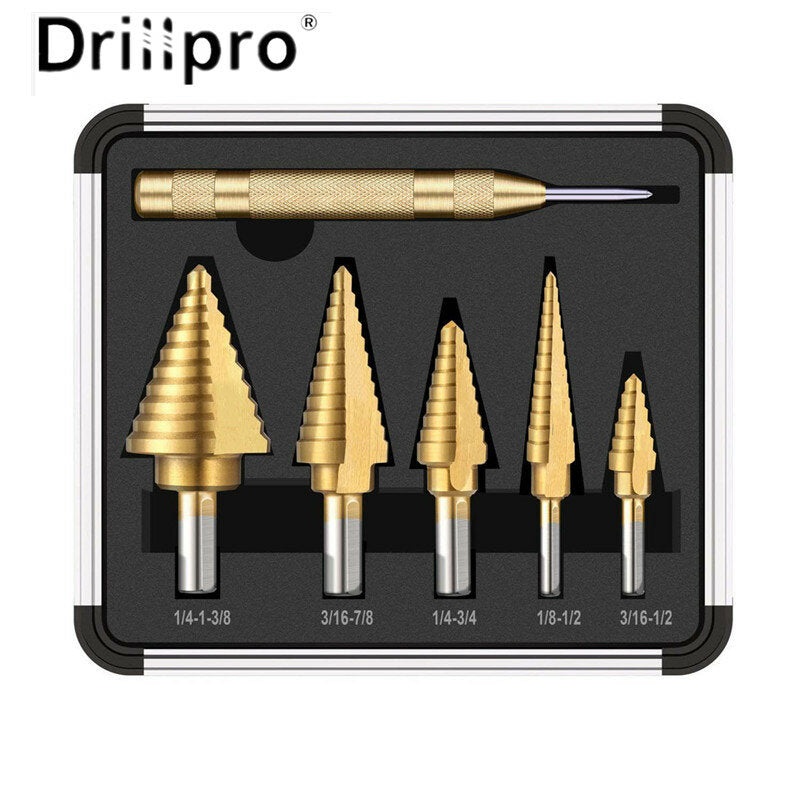 Drillpro 6PCS Premium Titanium-Coated HSS 4241 Step Drill Bit Set by Pro-Drills Variety Pack (1/8 to 1-3/8) High-Speed Steel Center Punched Design Ideal for Woodworking and Home Improvement