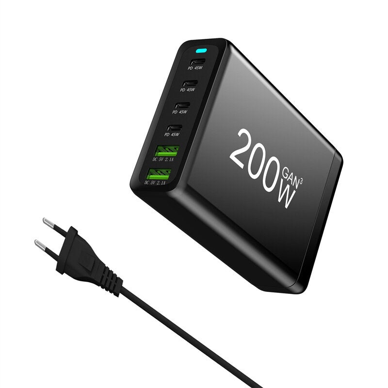 [GaN Tech] 200W 6-Port USB PD Charger 2USB-A+4USB-C PD Fast Charging Desktop Charging Station EU Plug for iPhone 15 14 13 13 Pro for Huawei Mate60pro for Samsung Galaxy S23 for Xiaomi13pro