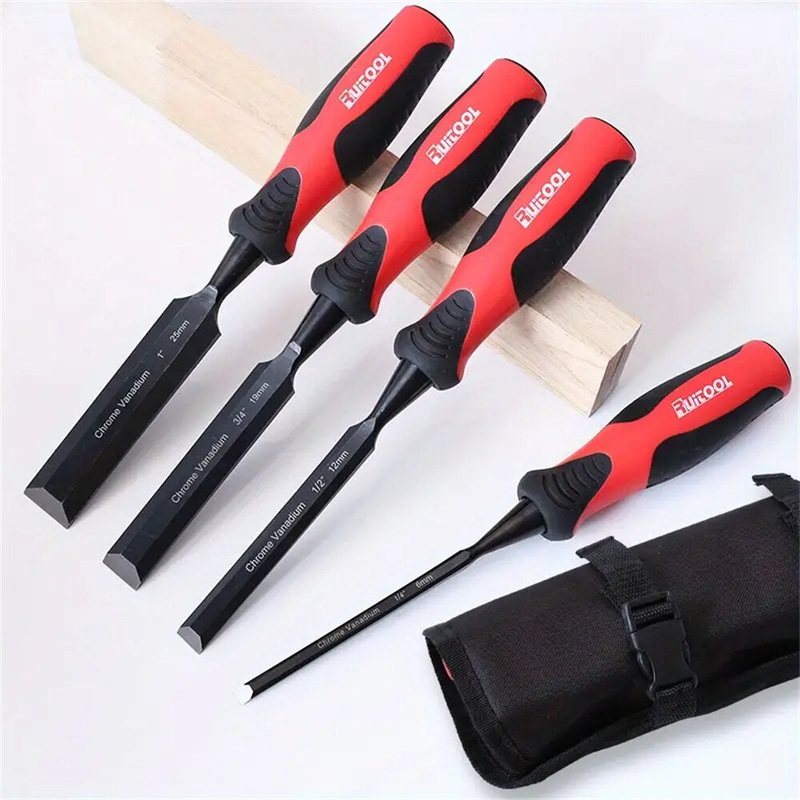 4PCS Wood Chisel Set Chrome Vanadium Steel Sharp Edge Rust Resistant Polished Finish Carpentry Tools with Roll Bag 1/4 1/2 3/4 1 Inch