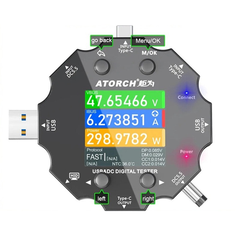 ACD15P USB Voltage Current Meter With QC/PD Fast Charging Protocol High Resolution Digital Color Display Supports 0-50V 0-6.5A 0-325W Power Range Ideal for Testing Electronics