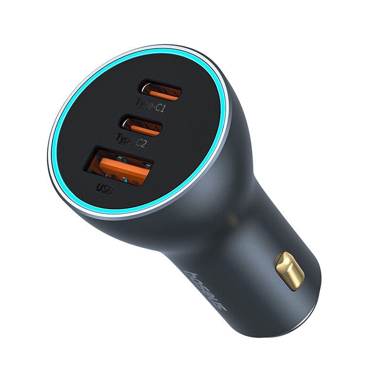 Baseus Golden Contactor Pro 65W 3-Port USB Car Charger Adapter Dual USB-C+USB-A PD QC Support AFC SCP FCP Fast Charging with Blue LED for iPhone 12 13 14 14 Pro for Huawei Mate50 for Samsung Galaxy S23 for Redmi K60 for Oppo Reno9