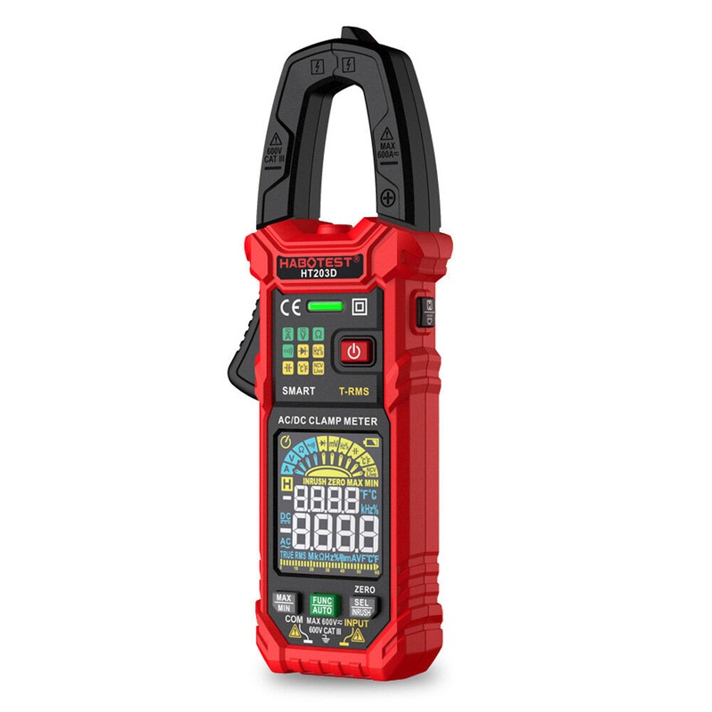 HT203D Multifunction Digital Clamp Meter Measures AC DC Voltage Current Resistance Capacitance Frequency Temperature with High Precision Accurate Readings Safety Rated Backlight Functionality