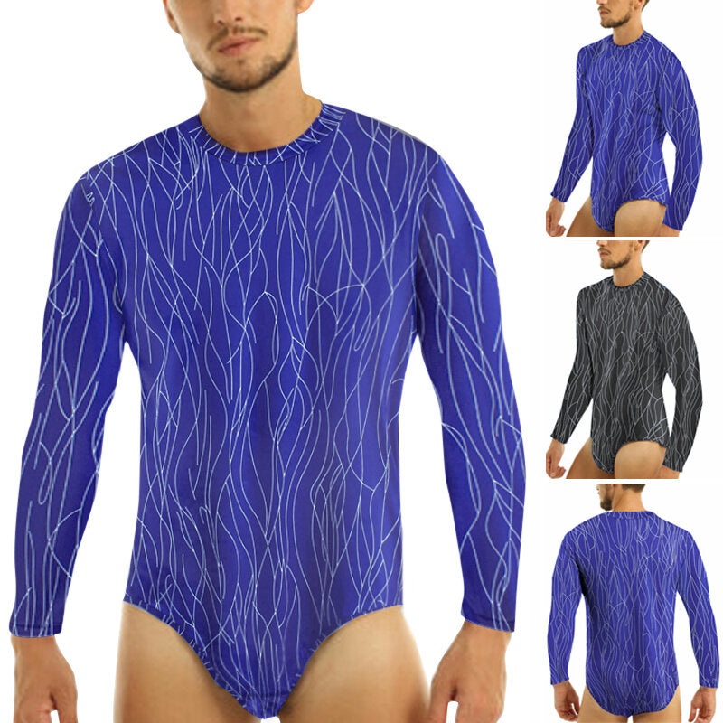 INCERUN Men Long Sleeve Round Neck Jumpsuit Blouse Printed Bodysuit T-Shirts Male Fashion Fitness Romper Tee Tops