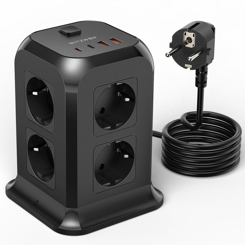 BlitzWolf BW-PC3 2500W 8-Port Power Strip Socket USB Charger With 8 * AC Outlets /2 * USB-C PD 20W/ 2 * USB-A QC3.0 18W EU Plug Fast Charging For iPhone 13 13 Pro Max 13 Mini For OnePlus 9Pro For Xiaomi MI10
