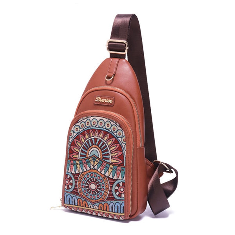 Brenice Vintage Embroidery Chest Bags National Printing Crossbody Bags