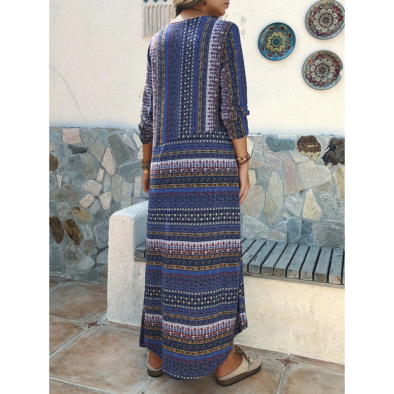 Irregular Knit Print Crewneck Vintage Plus Size Dress