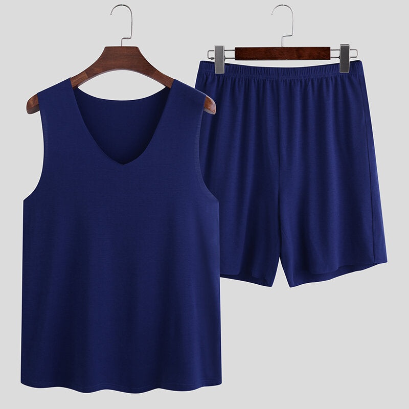 Mens Sleeveless Sleepwear Set Comfy Loose Breathable Pajamas Set Solid Loungewear Nightwear Home Outdoor