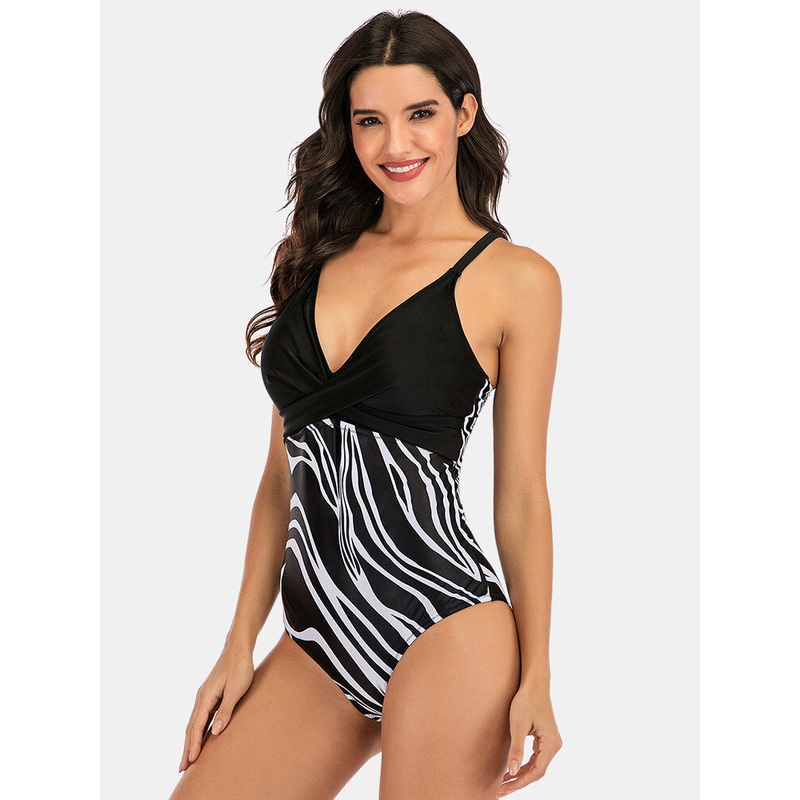 Plus Size Women Polka Dot Print Splice Skinny Fit One Piece Swimwear