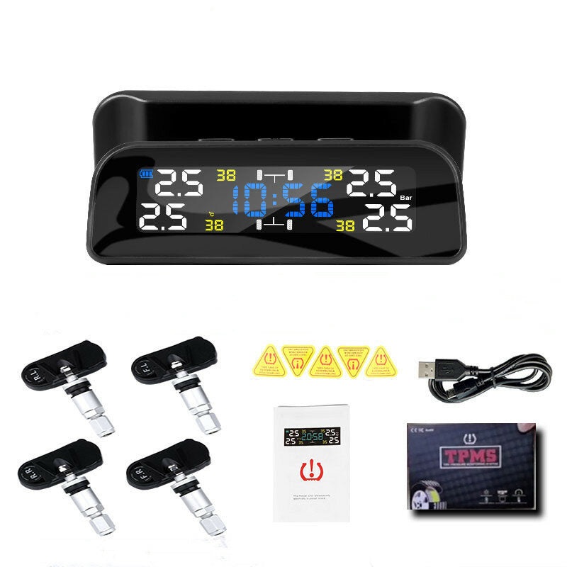 Solar Car TPMS 360 Rotation Tire Pressure Monitoring System Digital Clock LCD Display Tyre Temperature Safety Alarm Machine