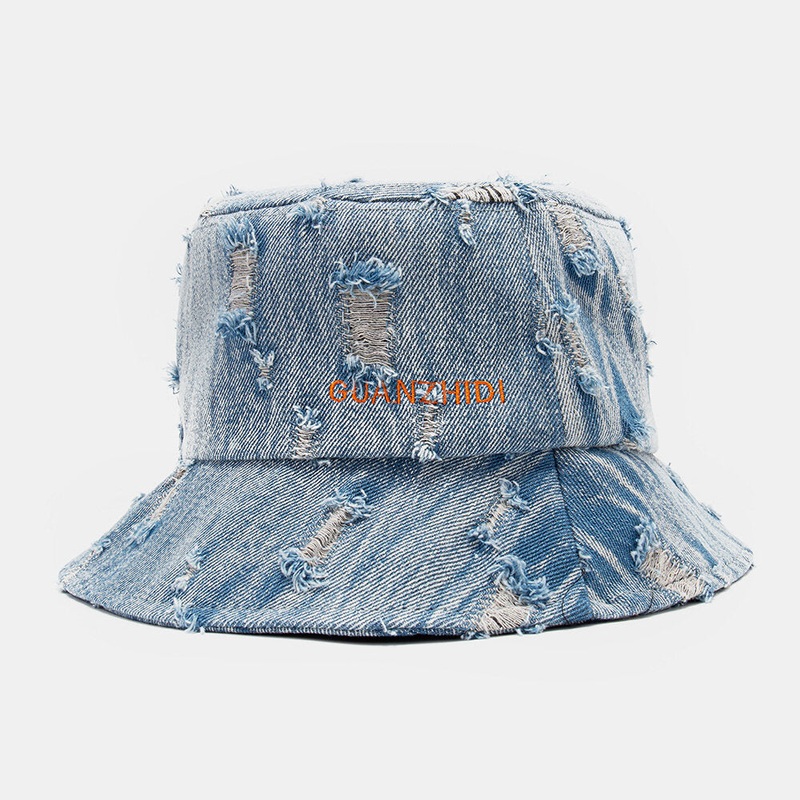 Unisex Denim Letter Pattern Embroidery Damaged Made-old Fashion Bucket Hat
