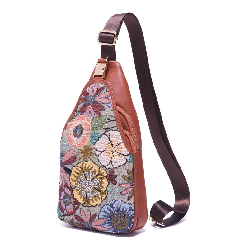 Brenice Women Embroidery Floral Chest Bag Vintage National Crossbody Bag