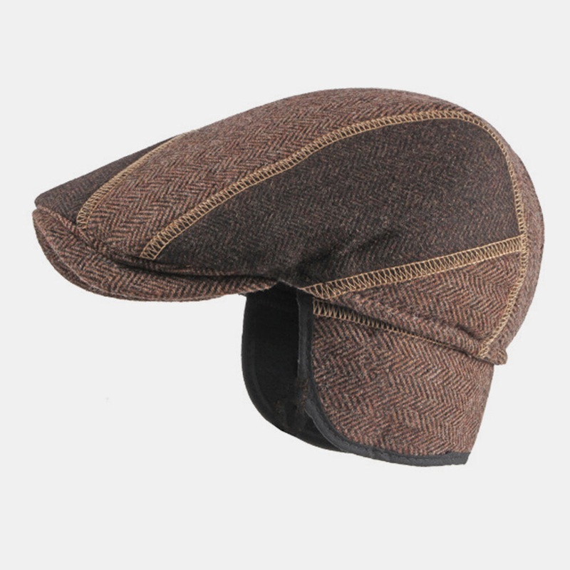 Men Felt Ear Protection Winter Outdoor Stripe Pattern Warm Universal Beret Hat Forward Hat