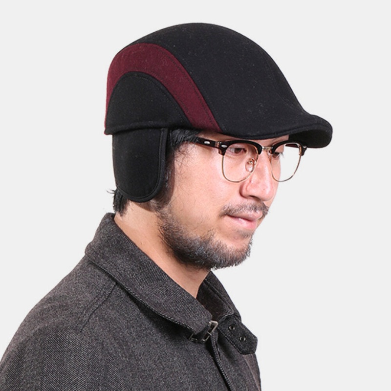 Men Wool Plus Thicken Winter Outdoor Keep Warm Patchwork Ear Protection Forward Hat Beret Hat